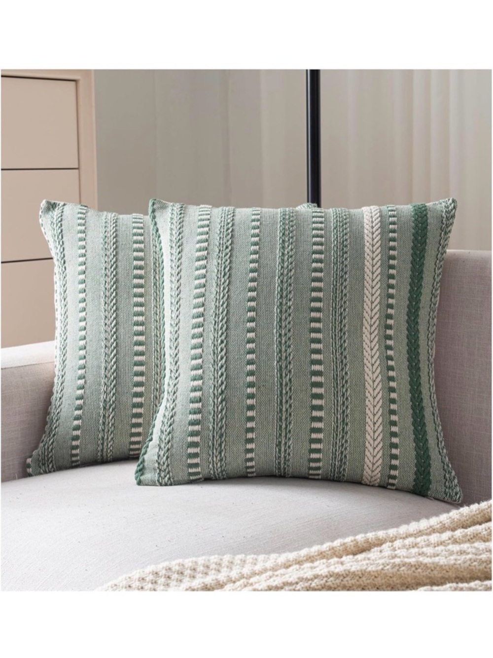 Set of 2 Green Boho Textured Pillow Covers 22x22